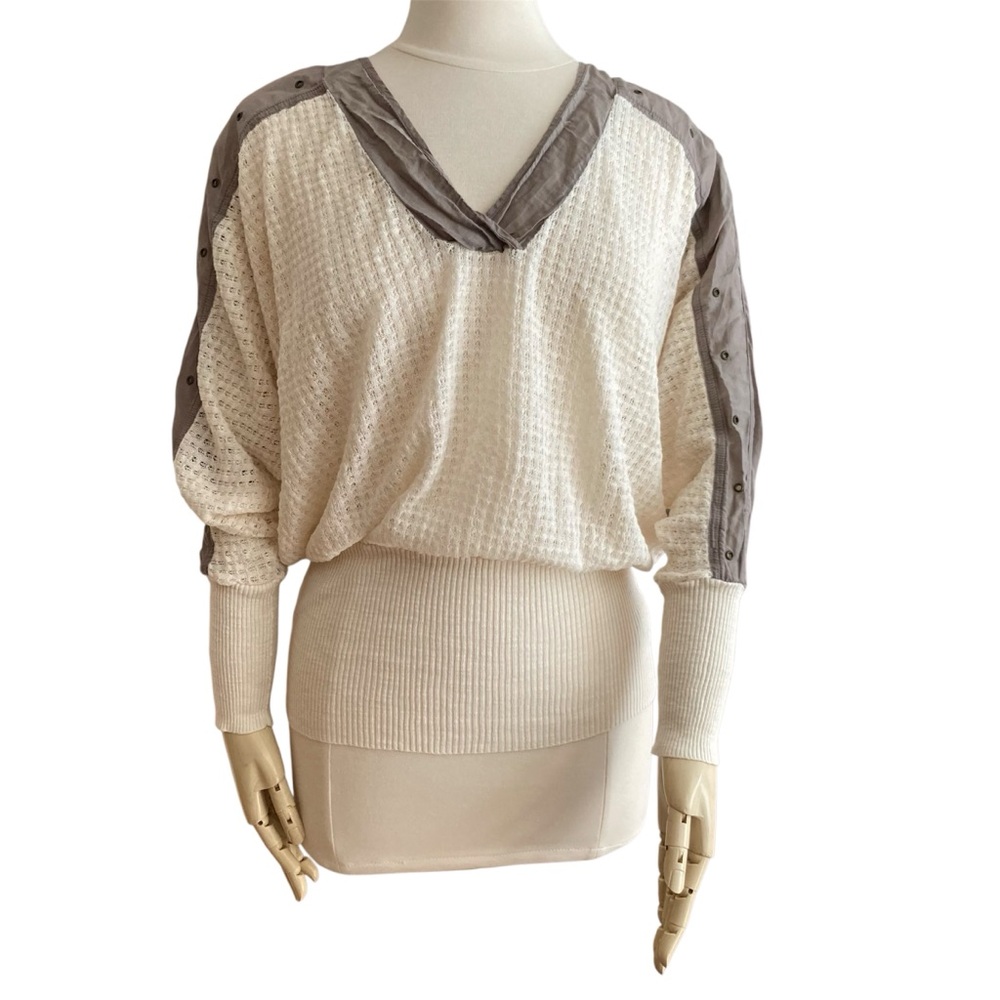 FREE PEOPLE | Ivory Olive Brown Open Knit Silk Cotton Sweater S Slouchy Grommet